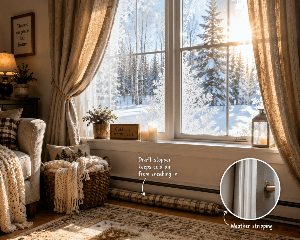 Winter window with insulated curtains, a draft stopper, and weather stripping to help keep cold air out and warmth inside.