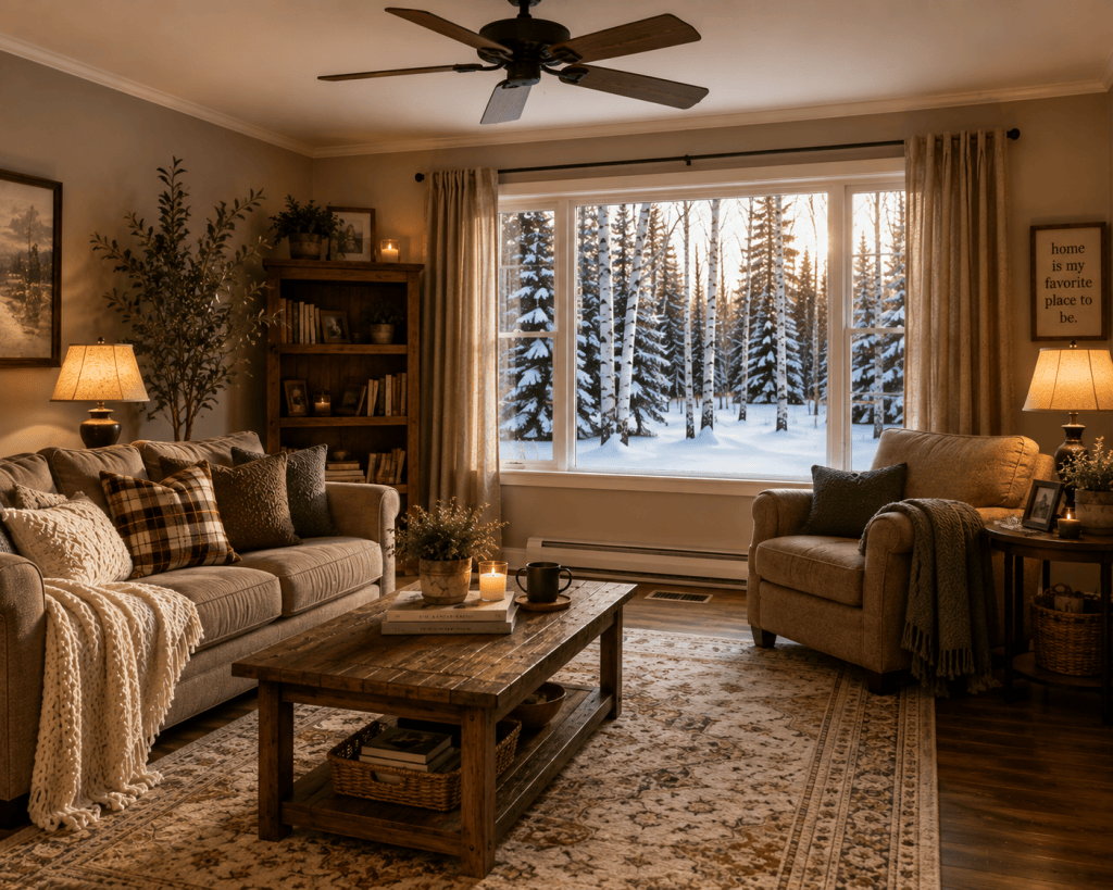 Cozy winter living room with an area rug, ceiling fan, and unobstructed heating vents for better warmth and airflow.