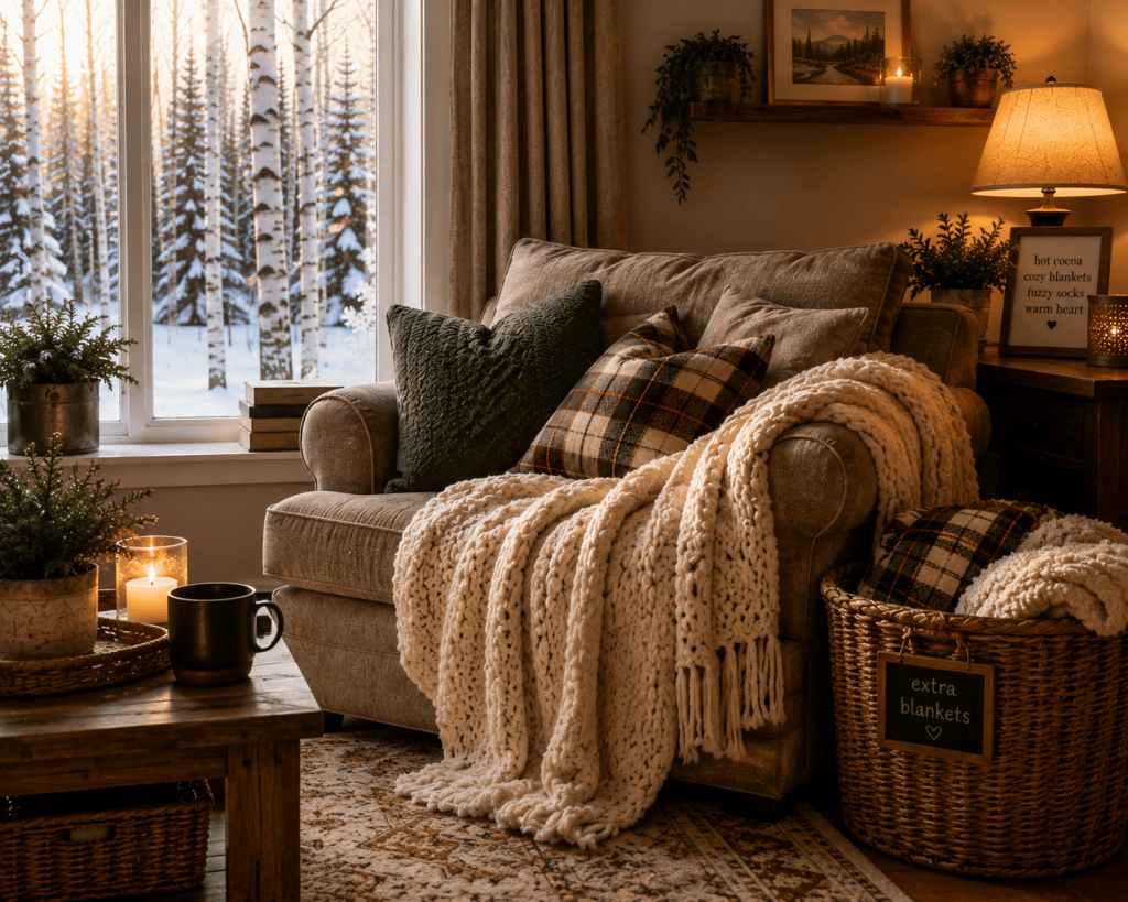 Cozy winter reading chair with warm blankets, pillows, and a basket of extra throws beside a snowy window.