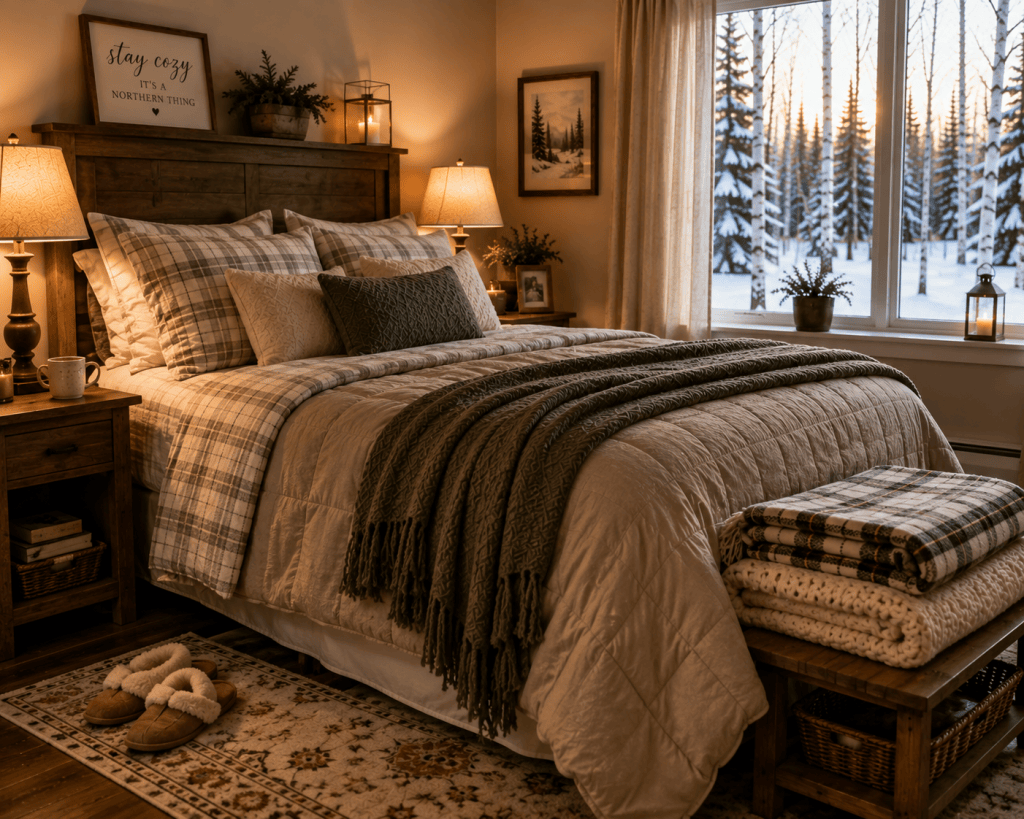 Cozy winter bedroom with flannel bedding, layered blankets, warm lighting, and slippers beside the bed.