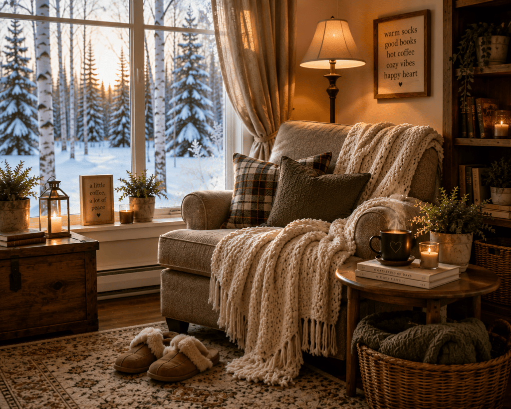 Cozy winter reading nook with a warm blanket, slippers, hot coffee, and a snowy view outside.