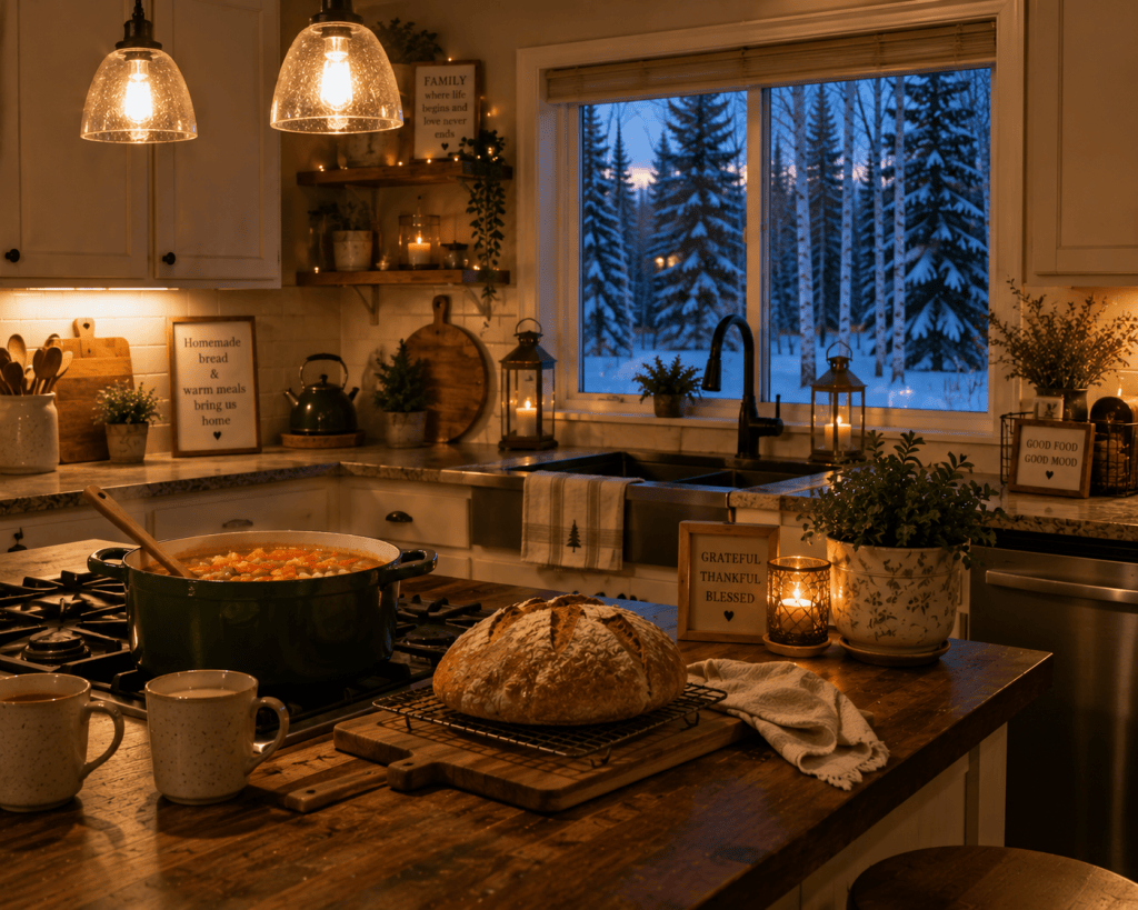 Warm winter kitchen with homemade bread and soup cooking while snow-covered birch and spruce trees fill the view outside.