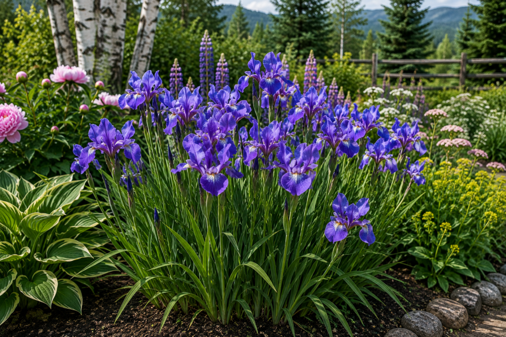 Purple Siberian iris blooming in a northern perennial garden