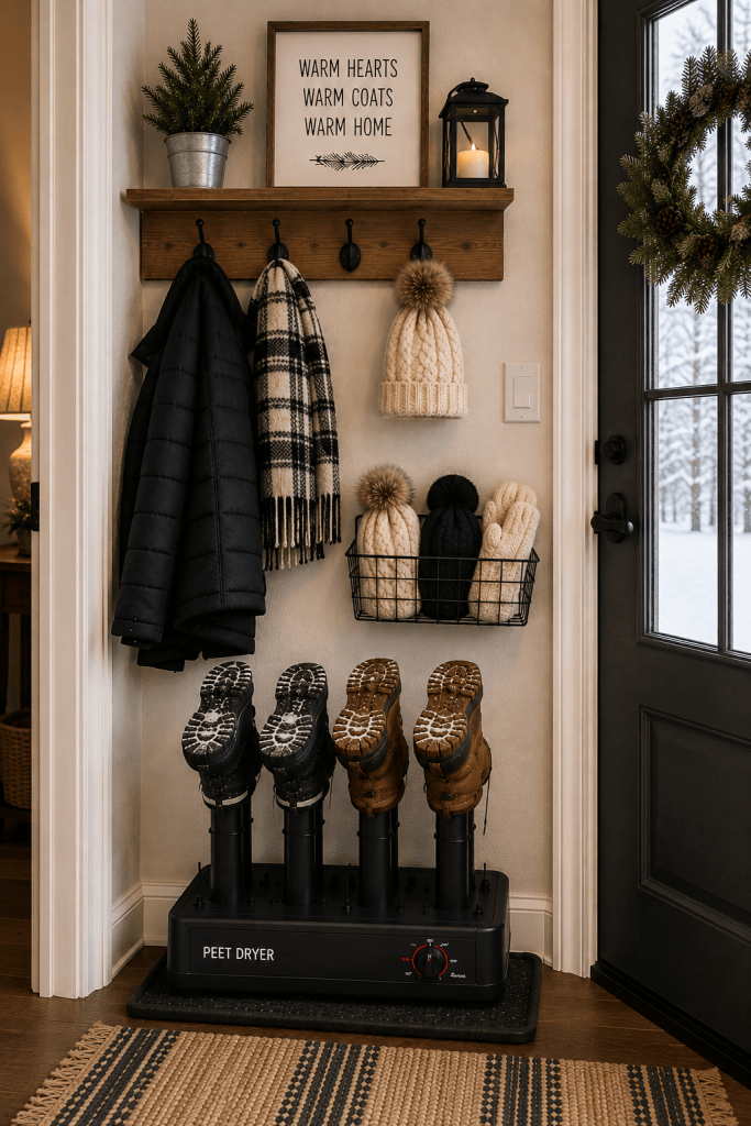 Small winter entryway drop zone with wall hooks, hat basket and boot dryer
