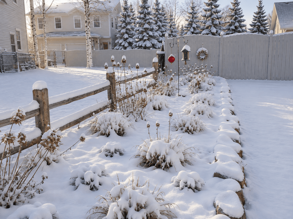 Cold-climate perennial garden covered in deep snow with dried seed heads left standing for winter.