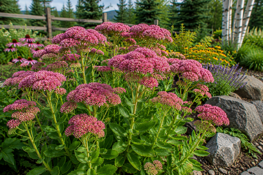 Pink upright stonecrop blooming in a sunny northern perennial garden