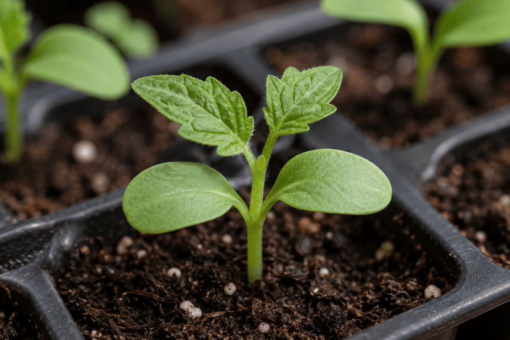 Young seedling showing smooth cotyledons below its first true leaves
