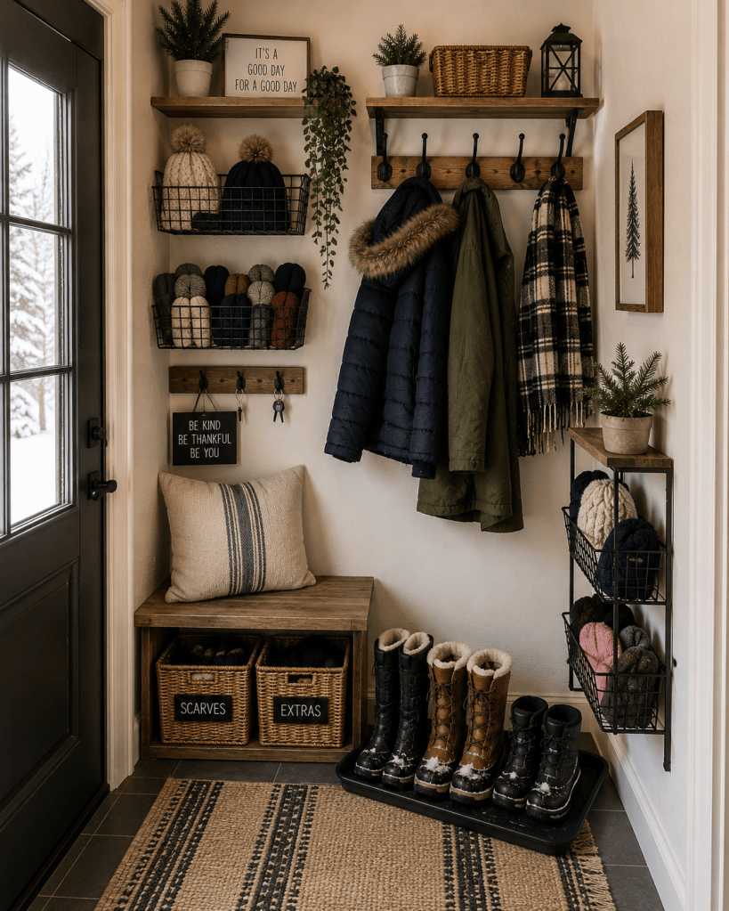 Small winter entryway using wall hooks, shelves and baskets for vertical storage