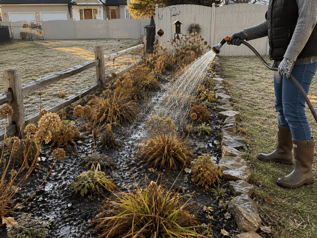 Deep watering a perennial garden in late fall before the ground freezes for winter.