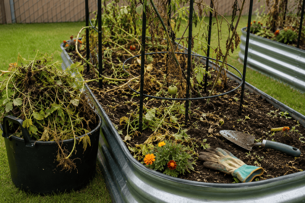 Fall cleanup of a galvanized raised garden bed with finished plants, garden tools, and pulled plant material.