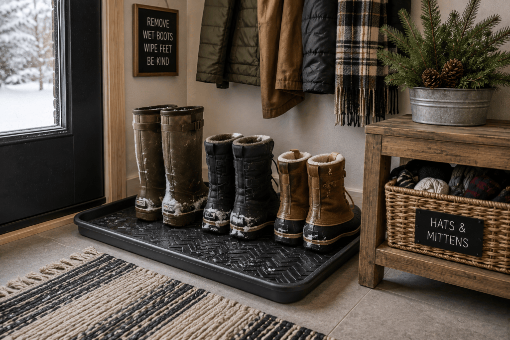 Snow-covered winter boots on a waterproof boot tray in an organized entryway