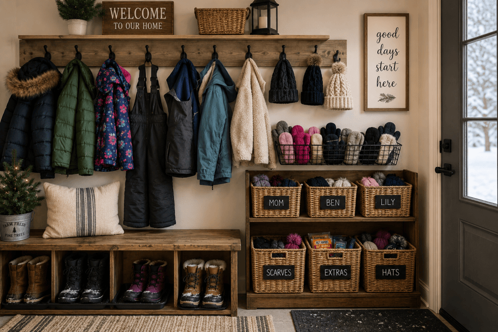 Organized winter entryway with coats and snow pants on hooks and baskets for hats and mittens