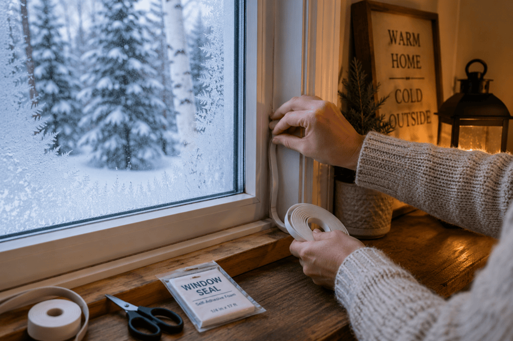 Adding weather stripping around a frosty window to help keep cold winter drafts out of the home.