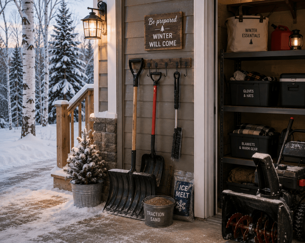 Snow shovels, traction sand, winter gear, and snow-removal equipment organized and ready for winter.
