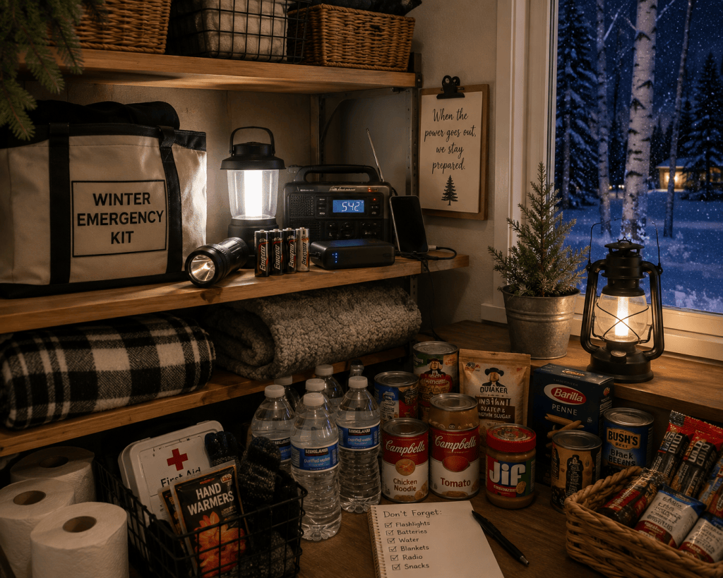 Organized winter emergency supplies with flashlights, batteries, water, food, blankets, and a battery-powered radio.