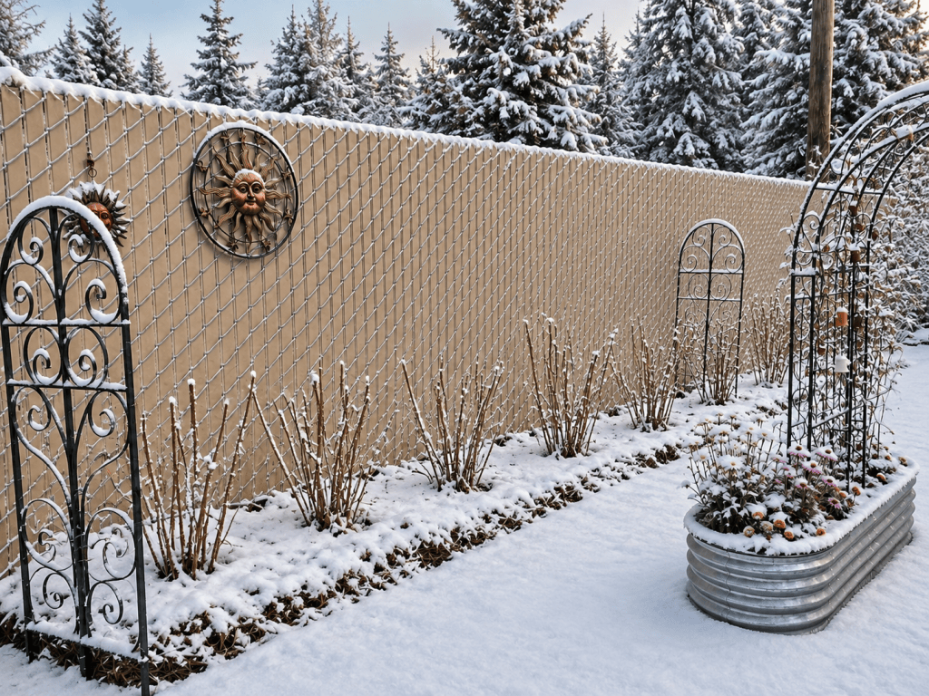 Pruned raspberry plants covered with snow in a cold-climate winter garden