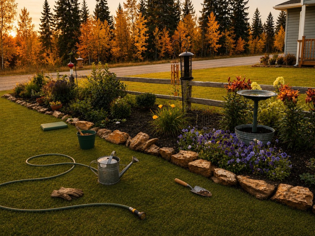 Garden hose, watering can, gloves and hand tools beside a northern perennial garden during fall cleanup.
