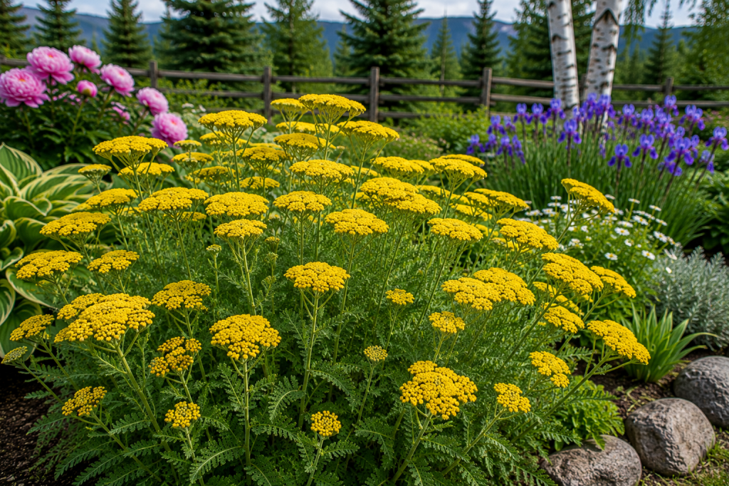 Yellow yarrow blooming in a northern perennial garden