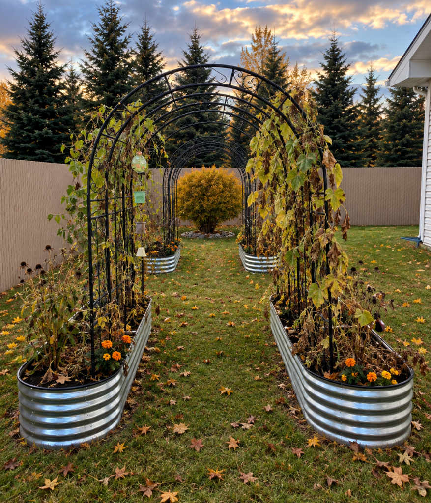Raised garden beds with arched trellises and fading vines in a northern garden during fall.