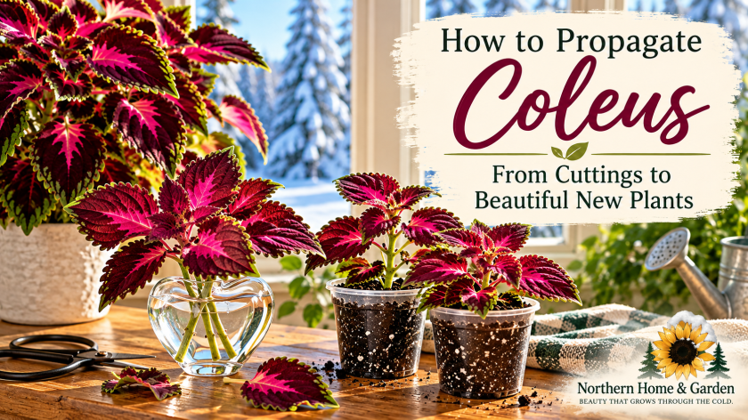 Coleus cuttings rooting in water beside young coleus plants growing in soil on a sunny windowsill with snow outside.