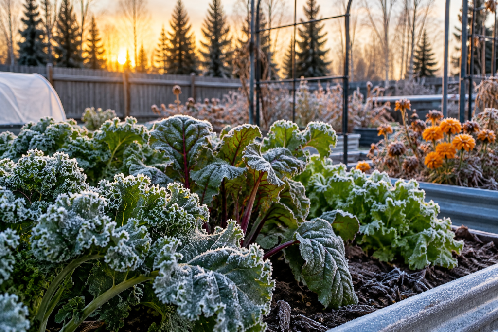 Frost-covered kale and leafy vegetables in a raised garden bed on a cold autumn morning.