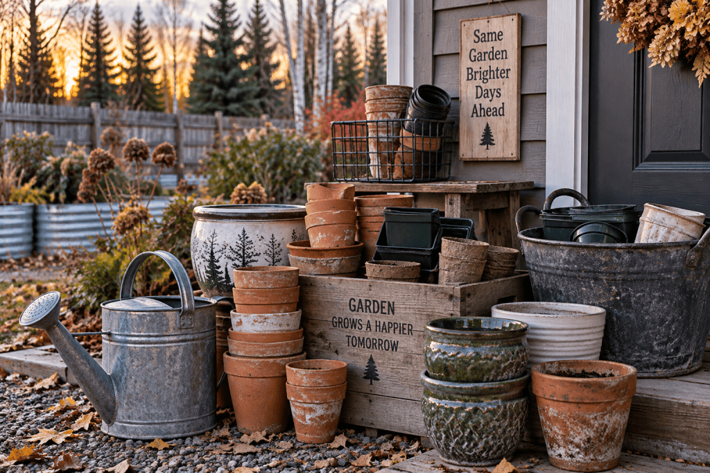 Empty garden pots and containers gathered beside a porch for winter storage before freezing temperatures arrive.