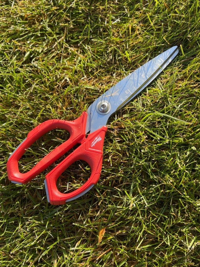 Red-handled Milwaukee scissors used for cutting back daylilies and irises in the fall garden.