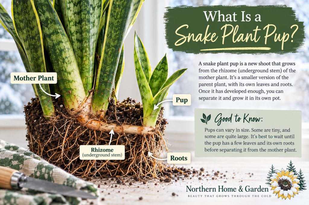 Diagram showing a snake plant mother plant, pup, underground rhizome, and roots to explain how snake plant pups grow.