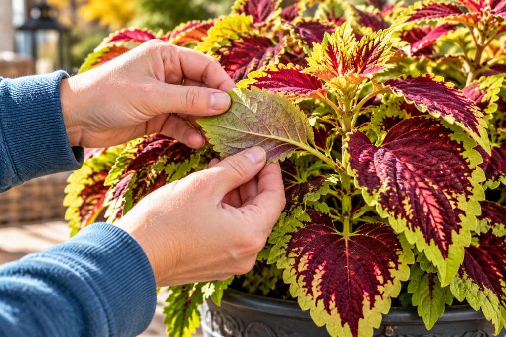 Hands checking the underside of a coleus leaf for pests before bringing the outdoor plant inside for winter.