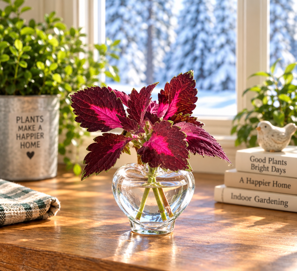 Coleus cuttings rooting in water in a small heart-shaped glass propagation vase.