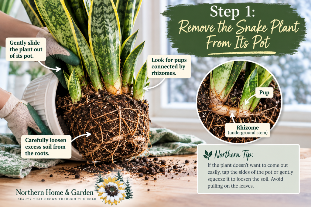 Snake plant removed from its pot showing the root ball, attached pups, and rhizomes before division.