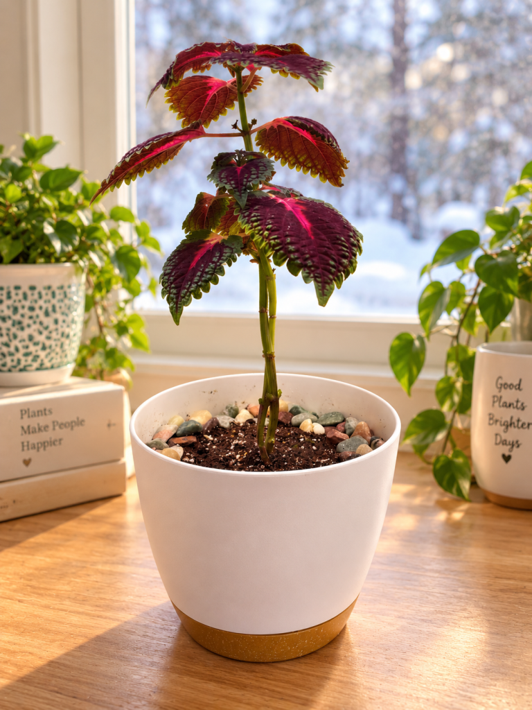 Young coleus plant growing indoors in a white pot beside a bright window with snowy trees outside.