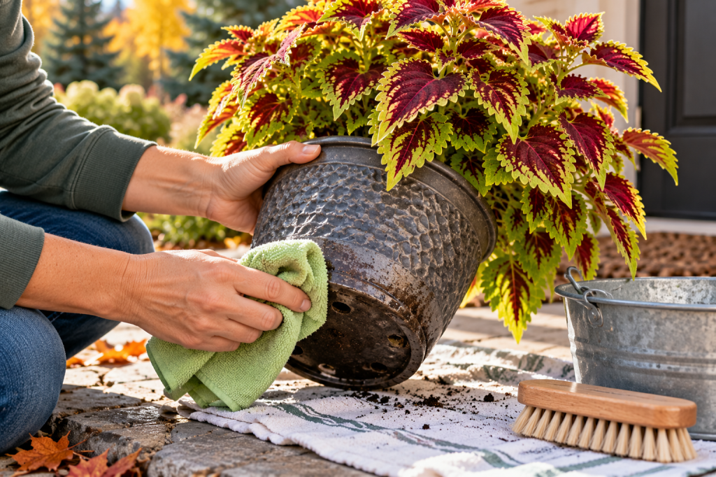 Cleaning the outside and bottom of a potted coleus before bringing the plant indoors for winter.