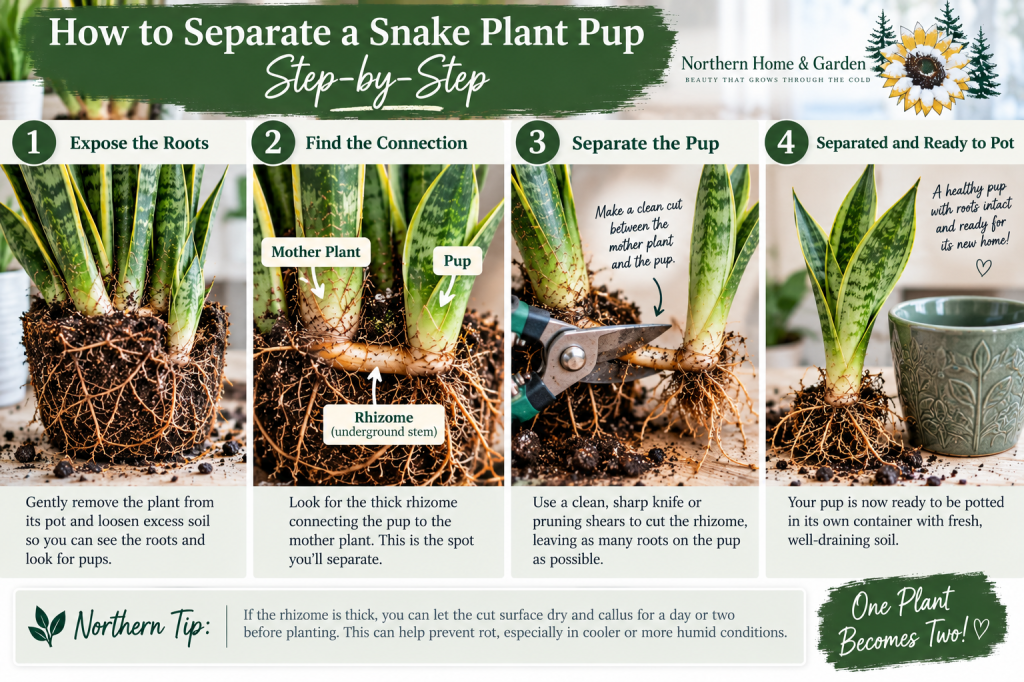 Step-by-step guide showing how to find the rhizome, separate a snake plant pup from the mother plant, and prepare it for potting.