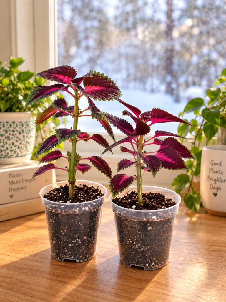 Two young coleus plants growing in clear nursery pots after being rooted and transplanted into potting soil.