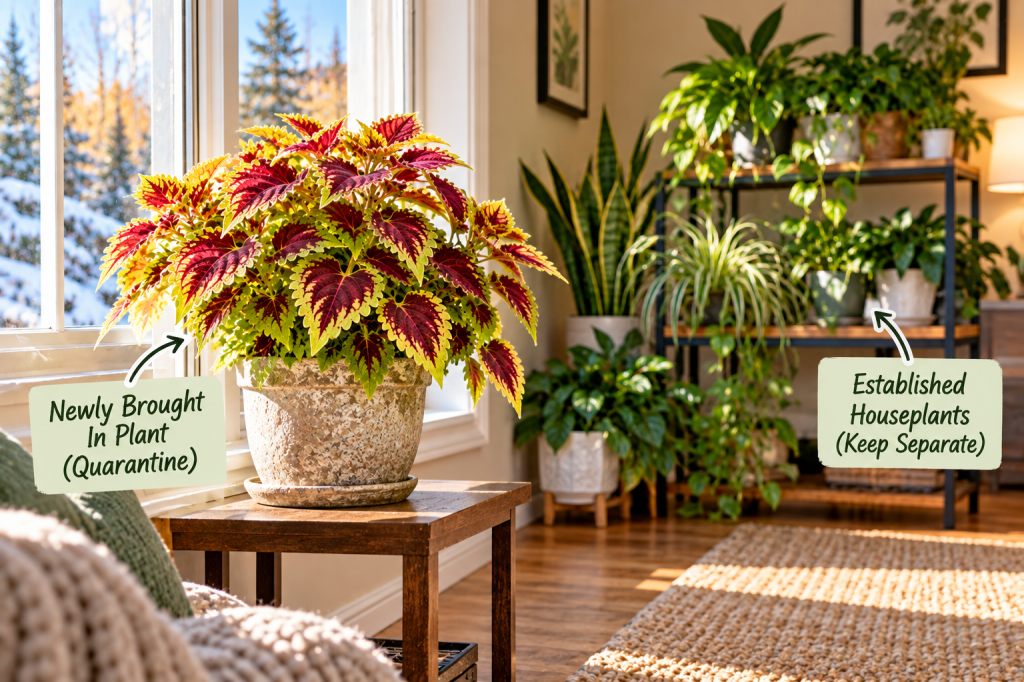 Newly brought-in coleus kept separate from established houseplants during a quarantine period after moving indoors for winter.