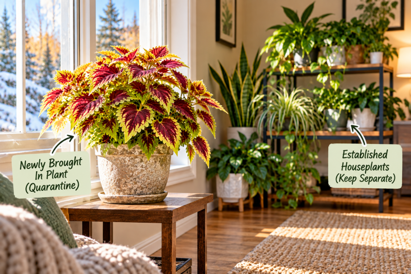 Newly brought indoor coleus plant kept separate from established houseplants during quarantine.