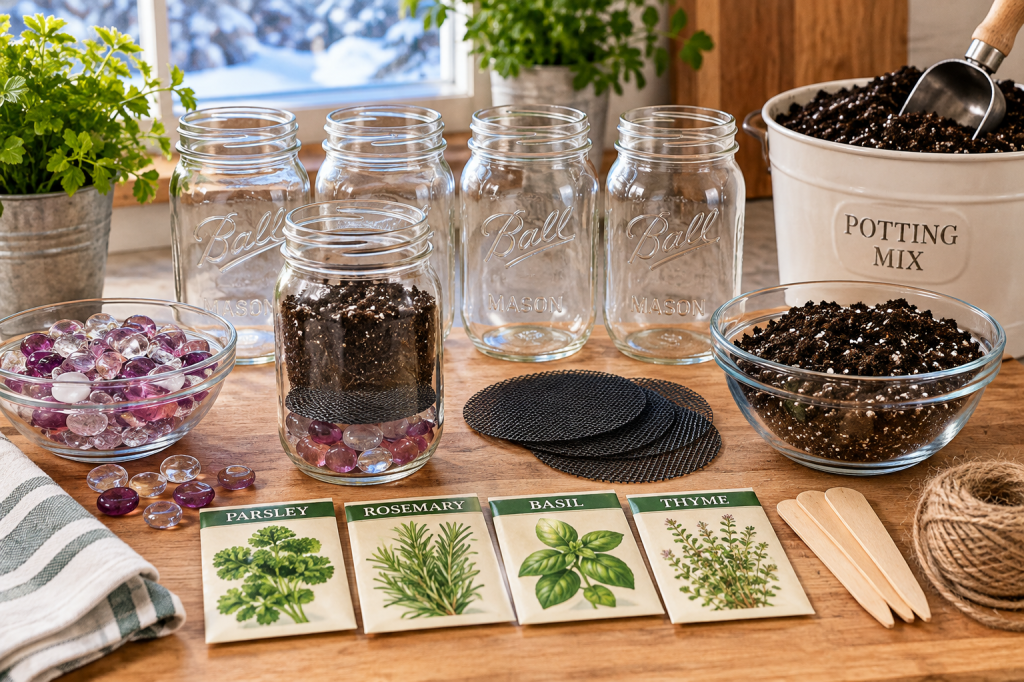 Mason jars, potting mix, decorative stones, planter mesh, and herb seeds ready for planting an indoor herb garden.