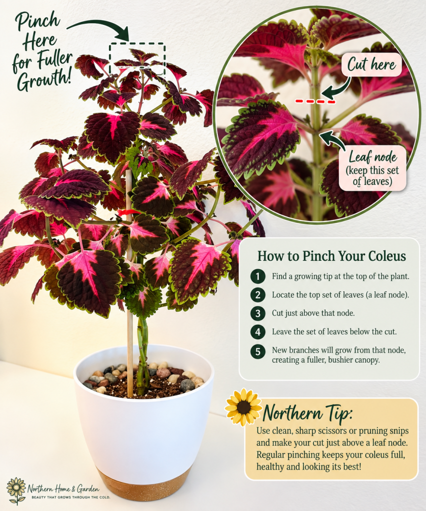 Coleus tree pruning guide showing where to pinch or cut just above a leaf node to encourage fuller, bushier growth.