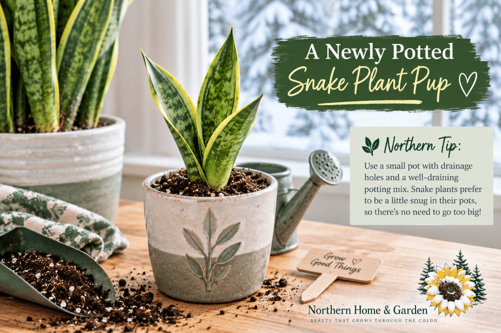 Newly separated snake plant pup planted in a small pot with well-draining soil beside a snowy window.