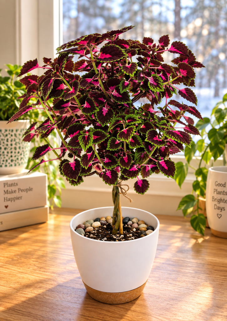 Coleus trained into a small tree growing indoors beside a bright window during winter.