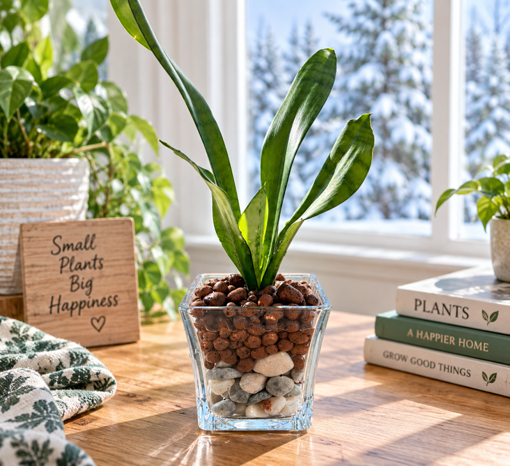 Young snake plant growing in a clear glass container with LECA and decorative stones beside a bright snowy window.