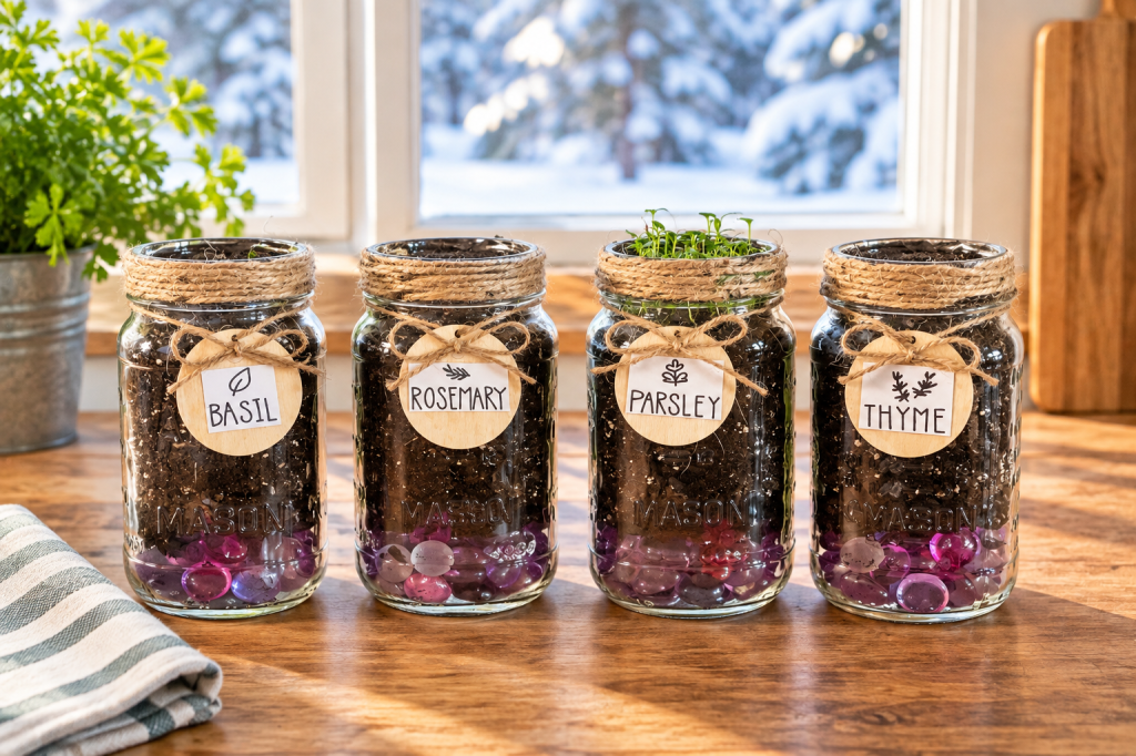 Four mason jars planted with basil, rosemary, parsley, and thyme, with young parsley seedlings beginning to sprout.