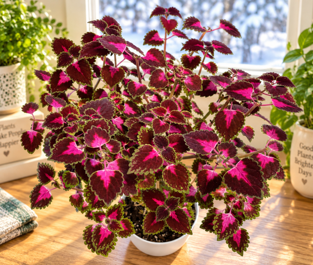 Full, bushy coleus plant showing dense growth after regular pinching and pruning.