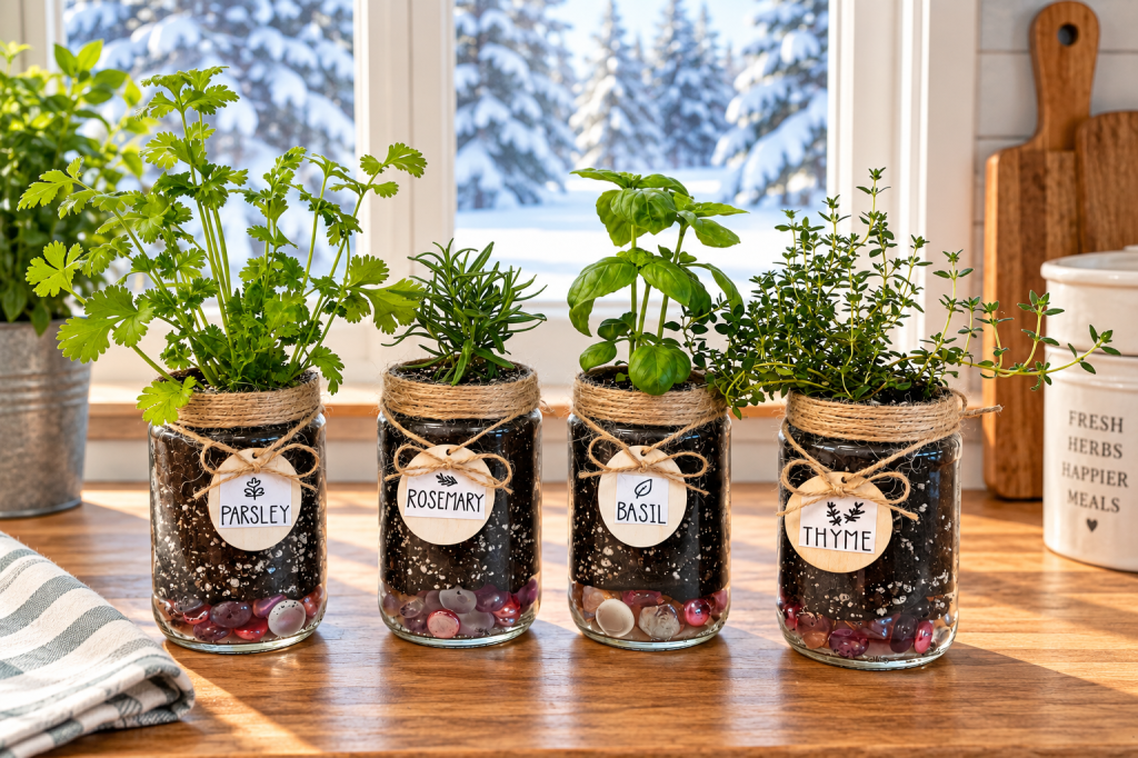 Mature parsley, rosemary, thyme, and basil growing in mason jars beside a bright snowy window.