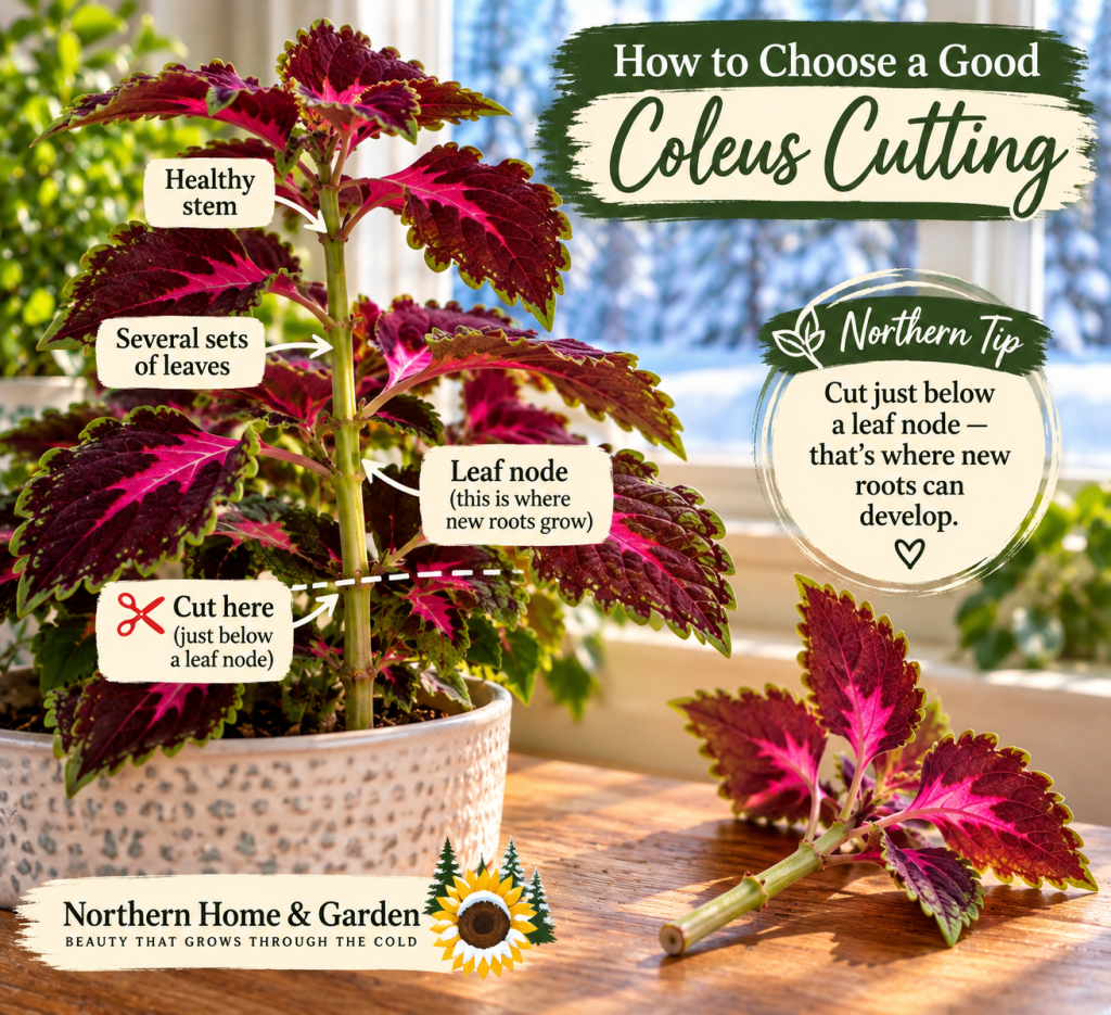 Coleus plant showing a healthy stem, leaf nodes, and where to cut just below a node when taking a cutting for propagation.