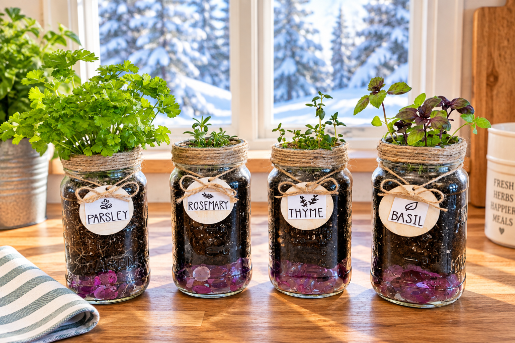 Four mason jars planted with basil, rosemary, parsley, and thyme, with young parsley seedlings beginning to sprout.