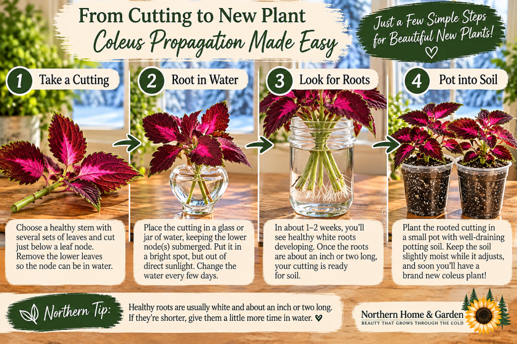 Four-step coleus propagation guide showing how to take a cutting, root it in water, wait for healthy roots, and transplant it into potting soil.