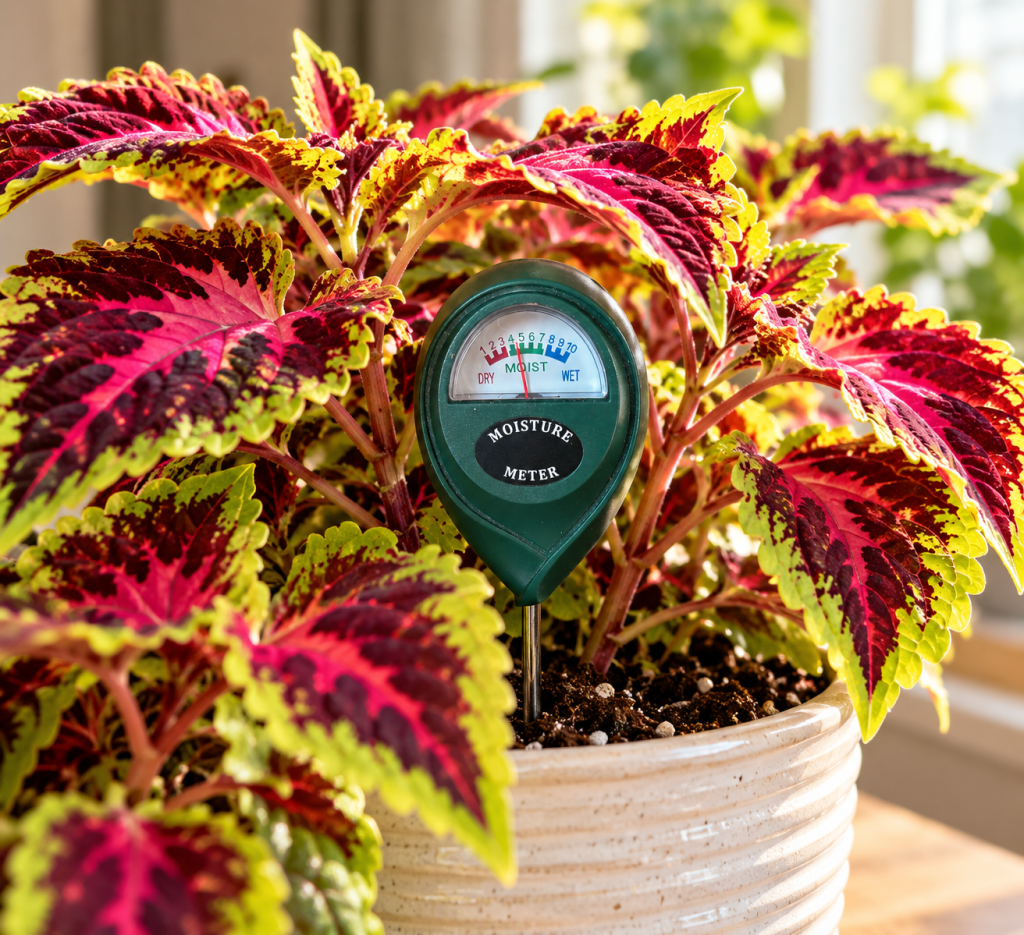 Soil moisture meter checking the moisture level of a potted coleus plant.
