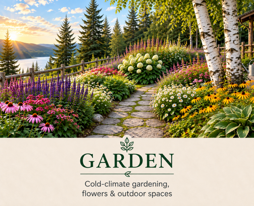 olorful cold-climate perennial garden with a stone path, birch trees, evergreens, and a mountain lake.